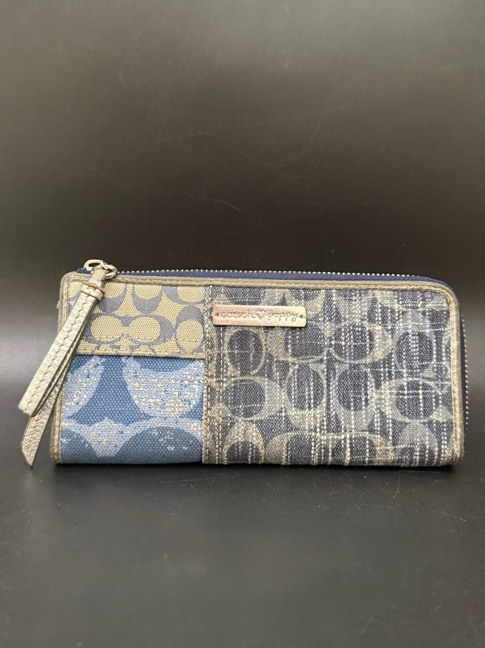 COACH Poppy Blue Denim Patchwork Slim Zip Wallet